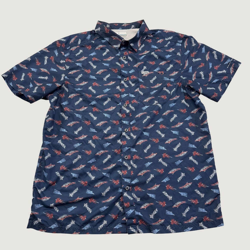 Columbia PFG Super Slack Tide Men's Large Fishing Lure Shirt Omni-Shade Blue
